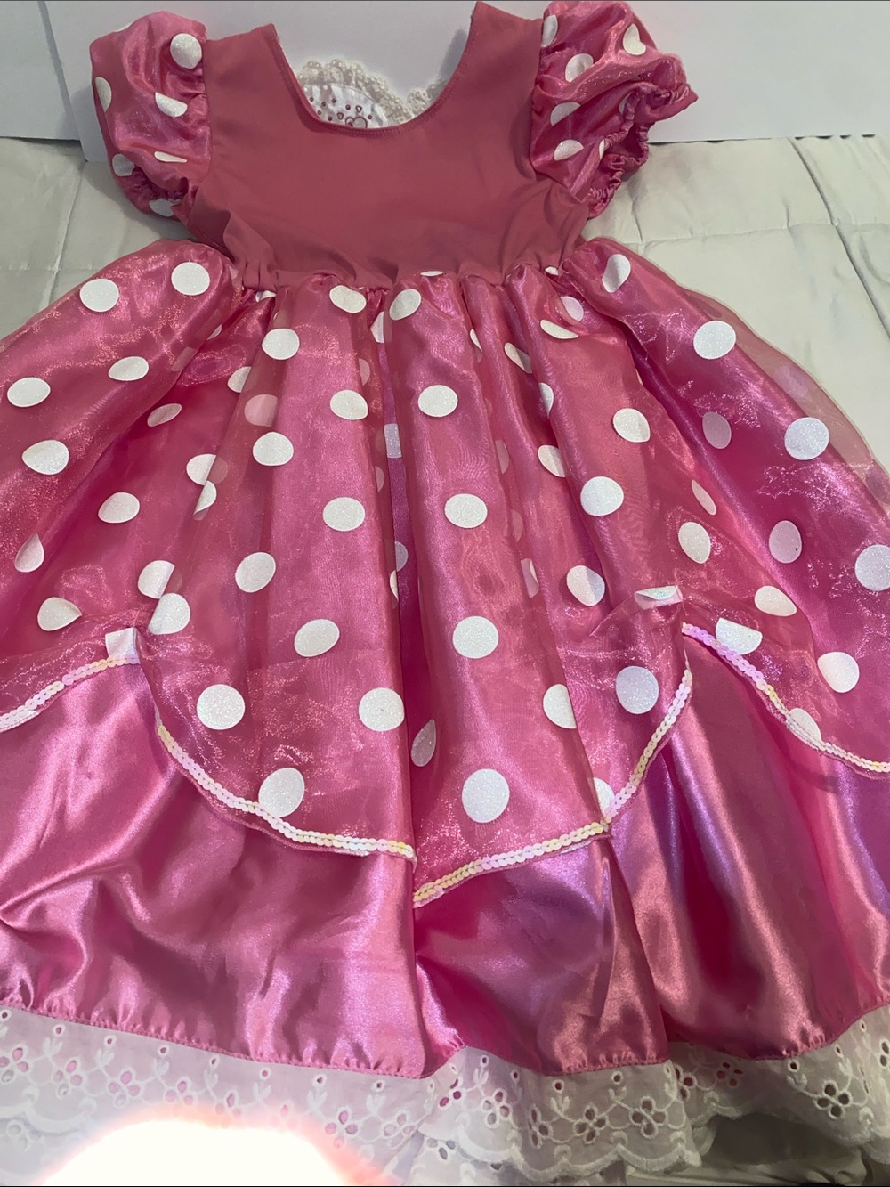Disney Minnie Pink  Polka Dot Satin Costume Dress with White Trim - Picture 3 of 4